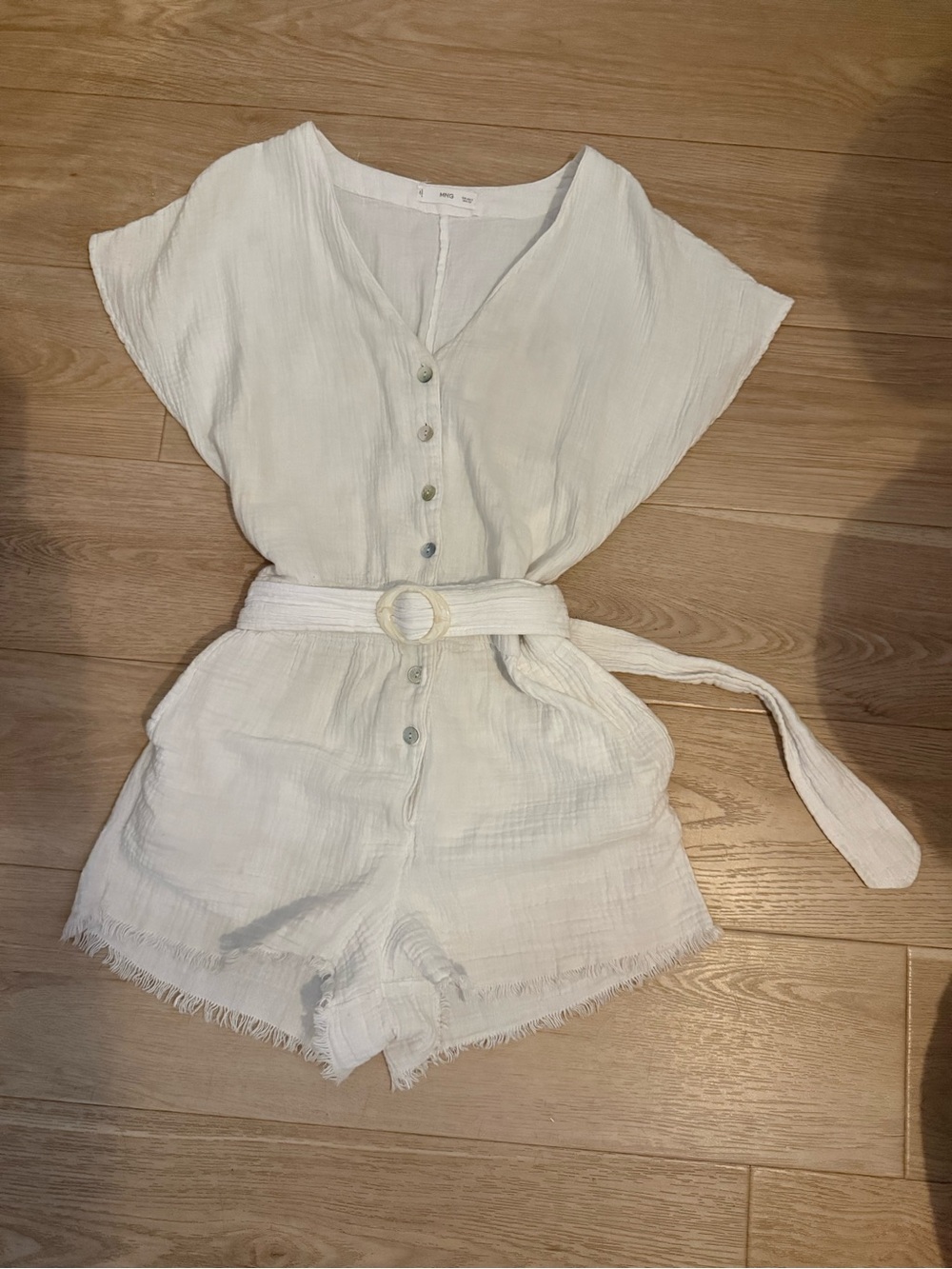 Mango White Textured Short Jumpsuit with Belt